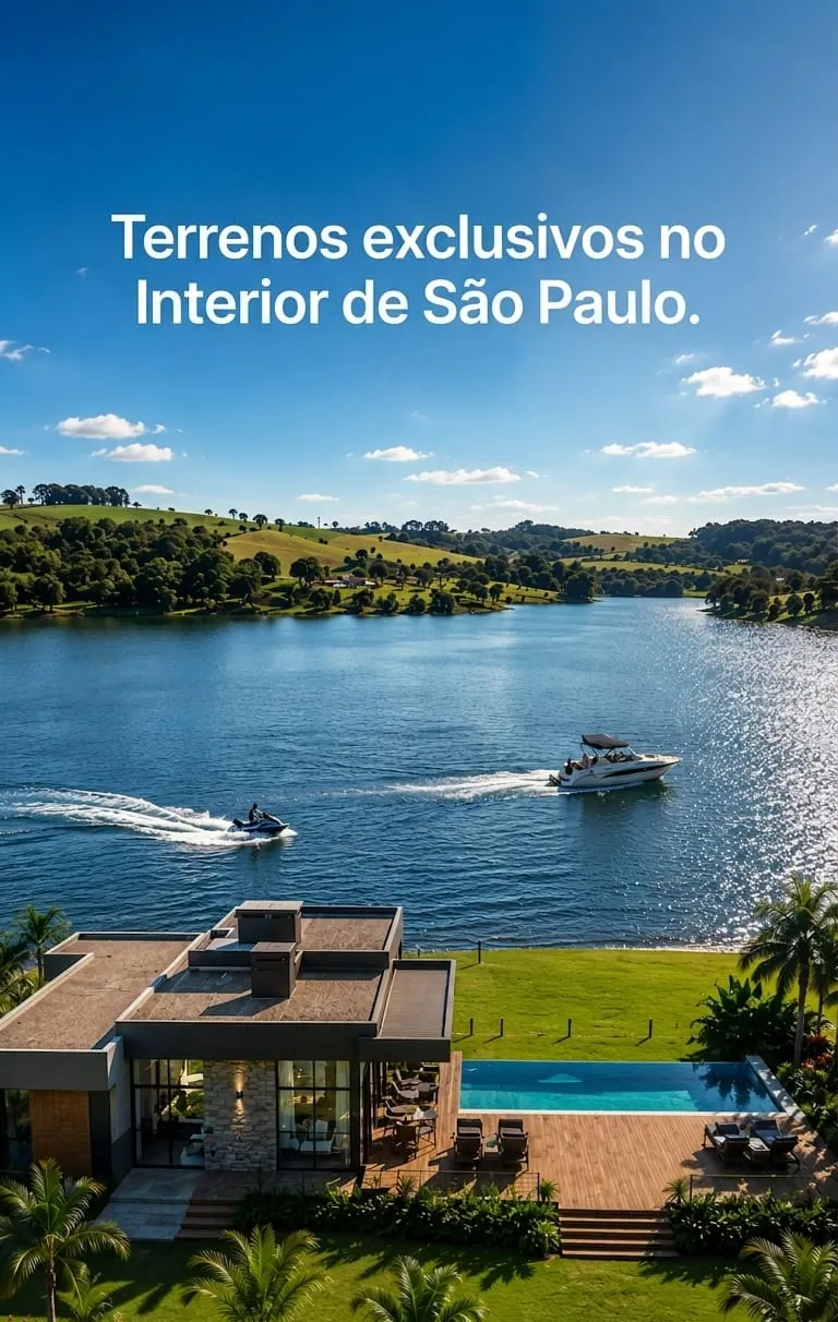 Casa com piscina na beira da represa, com lancha e jet ski na água e a frase Terrenos exclusivos no Interior de São Paulo